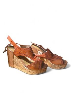 Comfort Fit Shimmer EDL Bohemian Cork Wedge Sandals Cognac Slingback Heels Sz 7M